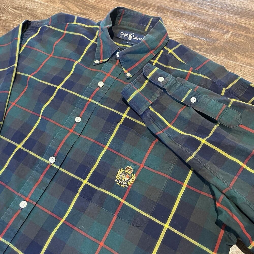VTG Polo Ralph Lauren Shirt Mens L Crest Pocket Plaid Long Sleeve Button Up